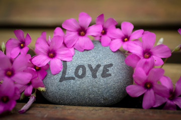 Fototapeta premium Stone with the word love written on it and surrounded by beautiful pink flowers
