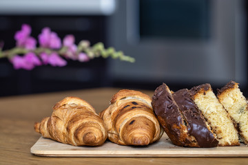 Homemade Chocolate Croissant Pastry with chocolate cake