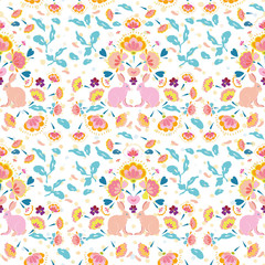Vector folk art boho easter bunny pattern on white dotted background. Happy spring design. Event and holidays. Surface pattern design.
