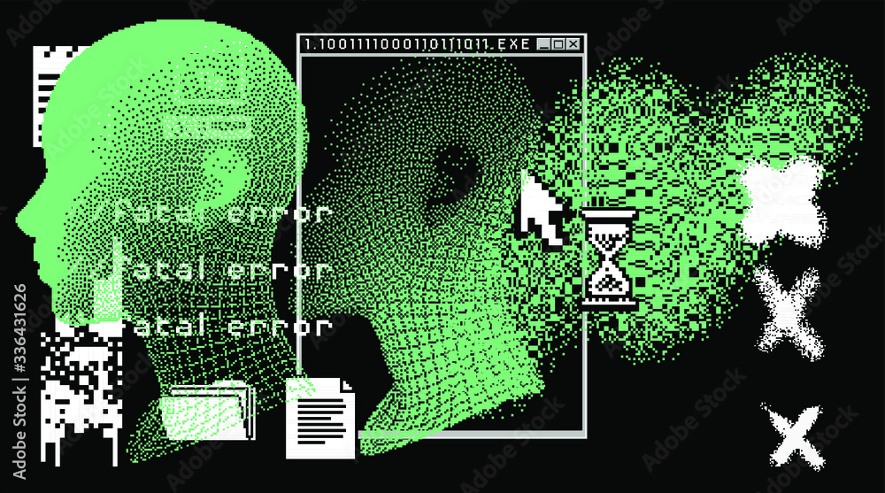 Poster cyberpunk futuristic collage with glitch art artifacts and wireframe of a human head. retrofuturisti