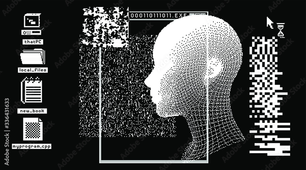 Poster cyberpunk futuristic collage with glitch art artifacts and wireframe of a human head. retrofuturisti