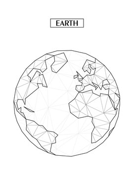 Polygonal abstract map of Earth or globe with connected triangular shapes formed from lines. Conitnents - Africa, Eurasia, North and South America, Antarctica, North Pole, South Pole.