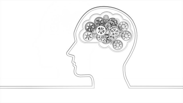 Minimal motion design animation at white background. Brain creating new ideas, concept of cogs, gears spinning animation