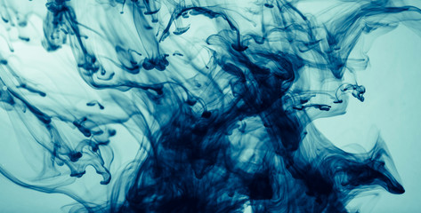 Abstract color paint splash on blue background. Modern design with motion liquid dye.