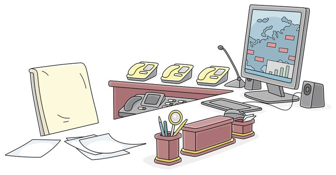 Office of a government official, a desk with a computer monitor and telephones of special communication, vector cartoon illustration on a white background