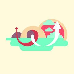 Vector color graphic composition, infographic element, illustration for easter, image of calvary and empty tomb, death and resurrection of Jesus Christ, arrow pointing to heaven.