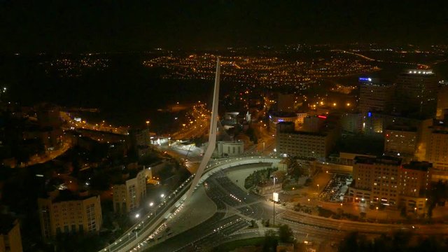 Night aerial capture of the Chords Bridge in Jerusalem