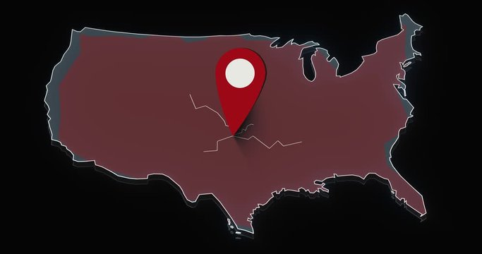 Red pin marker colors map of the United States of America red. Digital generated map animation.