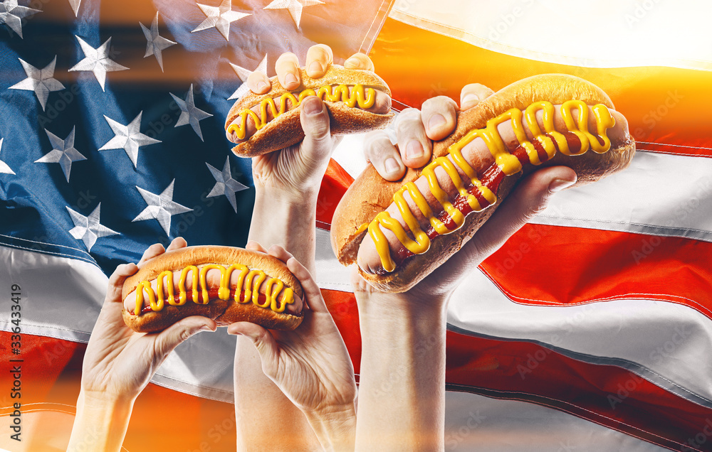 Wall mural classic american hot dog in hand on american flag background