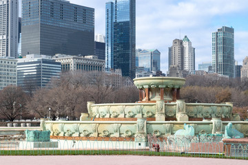 Buckingham Fountain in Grant Park, with Downtown Chicago in Distance - Chicago, Illinois, USA