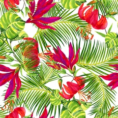 Plexiglas foto achterwand tropical seamless pattern with lush plants on a yellow background, watercolor flowers cordyline, lilies, palm leaves. © AineGing