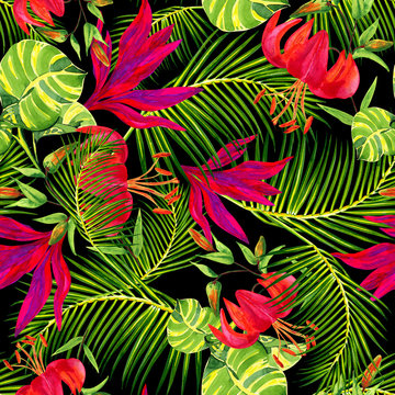 Colorful tropical watercolor flowers seamless pattern