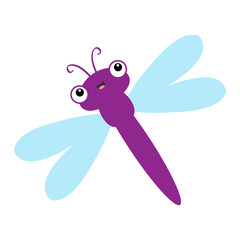 Dragonfly icon. Cute cartoon kawaii funny baby character. Violet color. Blue wings dragon fly Insect collection. Smiling face, horns. Kids clip art. White background. Isolated. Flat design.