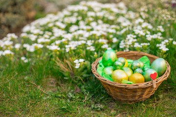Fototapeta na wymiar Chicken and quail eggs painted in gold and green mother of pearl paint for the holiday of Easter in the crayfish of the child. Easter concept