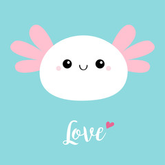 Axolotl face icon. Mexican salamander. White axolotyl. Ambysoma mexicanum. Cute cartoon kawaii funny smiling baby character. Water dragon. Love card. Flat design. Blue background.