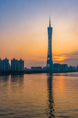 GUANGZHOU, CHINA, 18 NOVEMBER 2019: Cityscape with the Canton Tower on sunset