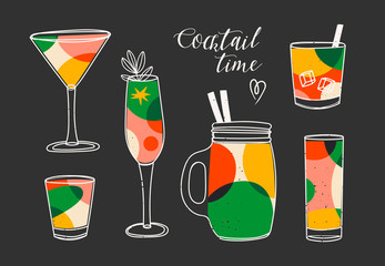 Cocktail time. Various Alcoholic drinks. Different glasses. Retro Vintage color palette. Lava lamp style spheres. Hand drawn colored Vector set. All elements are isolated. Perfect for menu designs