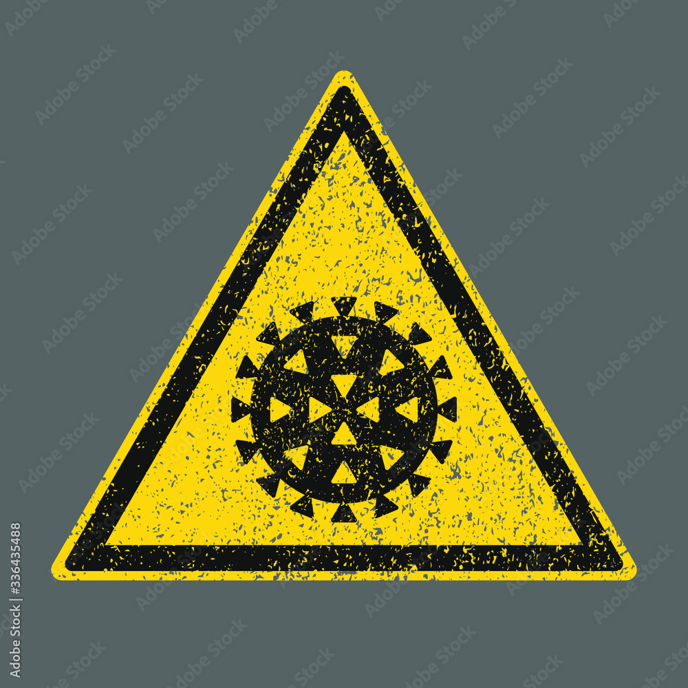 Wall mural coronavirus yellow warning triangle icon. grunge style texture. biohazard corona virus disease symbo