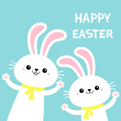 Happy Easter. Two bunny rabbit set waving paw print hand. Cute cartoon kawaii funny baby character. Yellow scarf. White farm animal. Blue background. Isolated. Flat design