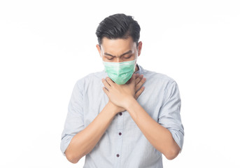 Young Asian Businessman in hygienic mask suffering sore throat, 2019-nCoV or coronavirus. Airborne...