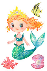 Watercolor illustration of a little red mermaid, mermaid, tail, shells, corals, pearls.