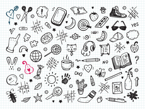 Workplace concept. Icons set. Mess on the table. Messy desk. Hand Drawn Doodle Tic Tac toe, Stationery, Food and other items that are on desktop. Back to school. Vector illustration
