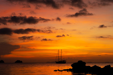 Colorful sunset on a tropical beach. Orange sunset on the ocean. Colorful sunset in the tropics. In...