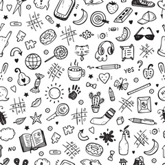 Workplace concept. Mess on the table Seamless Pattern. Messy desk. Hand Drawn Doodle Tic Tac toe, Stationery, Food and other items that are on desktop. Back to school. Vector background
