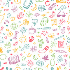 Workplace concept. Mess on the table Seamless Pattern. Messy desk. Hand Drawn Doodle Tic Tac toe, Stationery, Food and other items that are on desktop. Back to school. Vector background
