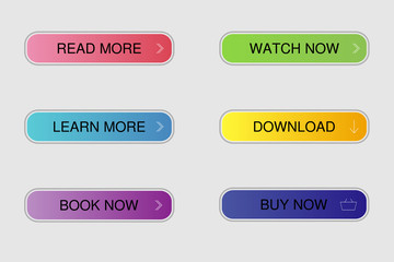 Trendy action button set for web, mobile app. Read more, book now.. Template gradient navigation button menu. Gradient icon for online shop, web page, game, banner. Vector colorful button collection.