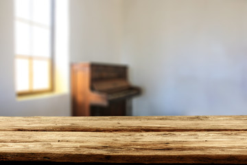 Table background of free space and blurred window space 