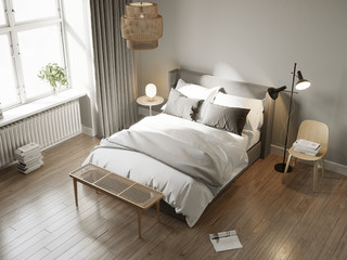 3d rendering of a grey Scandinavian bedroom with wooden stool, floor lamp, rattan ceiling lamp and many books	