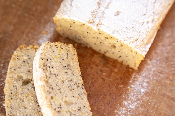 Slices of homemade vegan lemon poppy seed cake