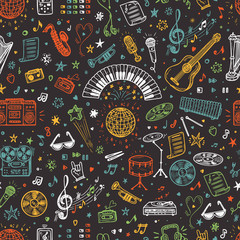 Fototapeta na wymiar Vector Music background. Seamless pattern with Hand drawn doodle Musical Instruments, Retro musical equipment 