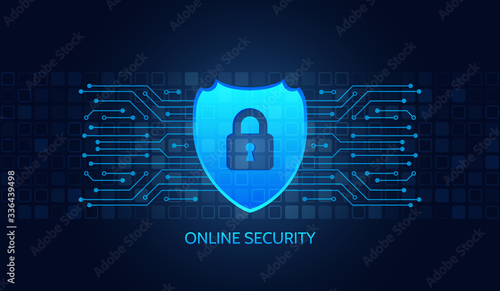 Poster Data protection privacy concept. Shield icon and internet technology networking connection. Cyber security internet and networking concept. Hi-tech vector illustration. Abstract circuit board.