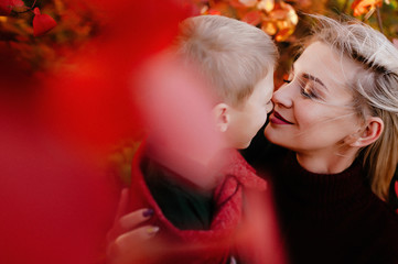 autumn landscape, red and yellow leaves, good sunny weather, family, mom dad and son for a walk, pregnant mother, blonde pregnant girl, joy, happiness, happy family expecting a baby, older brother