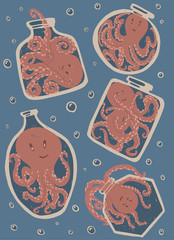 Octopus in a different shape bottle vector illustration.  Cute hand draw childish illustration isolated on blue background for kids on blue background. 