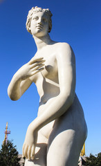 A beautiful statue. Sculptural portrait. Garden sculpture. Plaster sculpture face.
