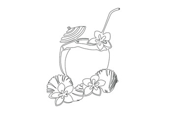 Coconut cocktail in a large coconut with umbrella, straw, shells and flowers. Continuous linear drawing. Isolated on a white background. Hand-drawn vector illustration.