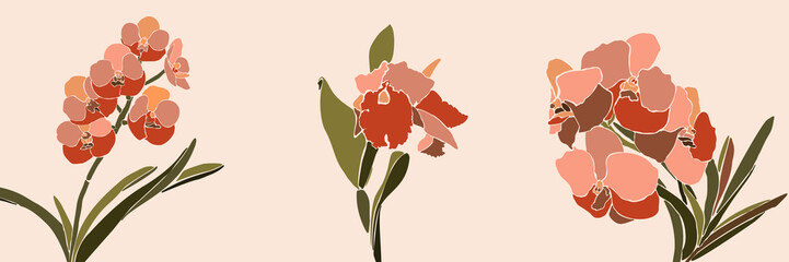 Art collage orchid flower in a minimal trendy style. Silhouette of orchid plants on a pink background. Vector © Sini4ka