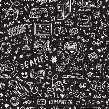 Gadget icons Vector Seamless pattern. Hand Drawn Doodle Computer Game items. Video Games Background.
