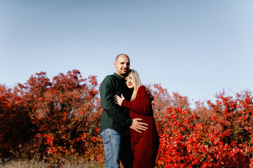 autumn landscape, red and yellow leaves, good sunny weather, family, mom dad and son for a walk, pregnant mother, blonde pregnant girl, joy, happiness, happy family expecting a baby, older brother