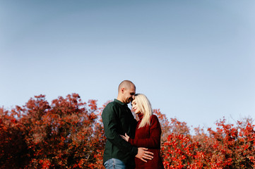 autumn landscape, red and yellow leaves, good sunny weather, family, mom dad and son for a walk, pregnant mother, blonde pregnant girl, joy, happiness, happy family expecting a baby, older brother