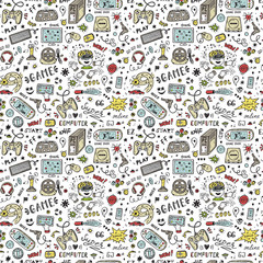 Gadget icons Vector Seamless pattern. Hand Drawn Doodle Computer Game items. Video Games Background.  © AllNikArt