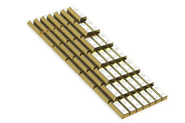 Bar of gold on a white background.  3d rendering, 3D illustration.