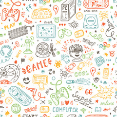 Gadget icons Vector Seamless pattern. Hand Drawn Doodle Computer Game items. Video Games Background
