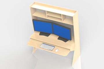 Computer table. 3D render of the workplace for the designer and constructor.
