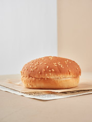 pan de hamburguesa con semillas de sésamo solo sin nada vista frontal sobre papel, fondo blanco y crema