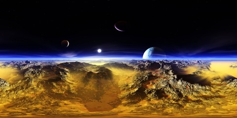 Beautiful alien landscape, panorama of the surface of a fantasy planet, HDRI, environment map , Round panorama, spherical panorama, equidistant projection, 360 high resolution panorama © ustas
