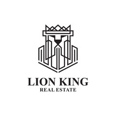 Lion King Real Estate Logo Design. Lion Estate Crown Vector. Building Lion Face Construction Logo Icon Graphic.